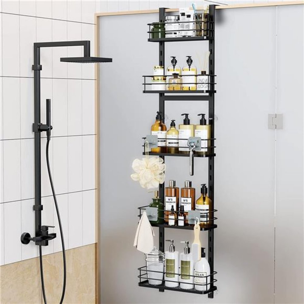 5 Tier Over the Shower Door Caddy, Adjustable Rustproof Shower Organizer, Black